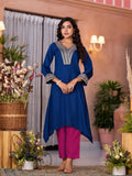 Juniper Women's Blue Viscose Rayon Embroidered Kurta Set