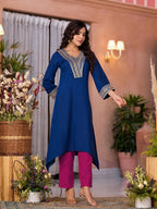 Juniper Women's Blue Viscose Rayon Embroidered Kurta Set