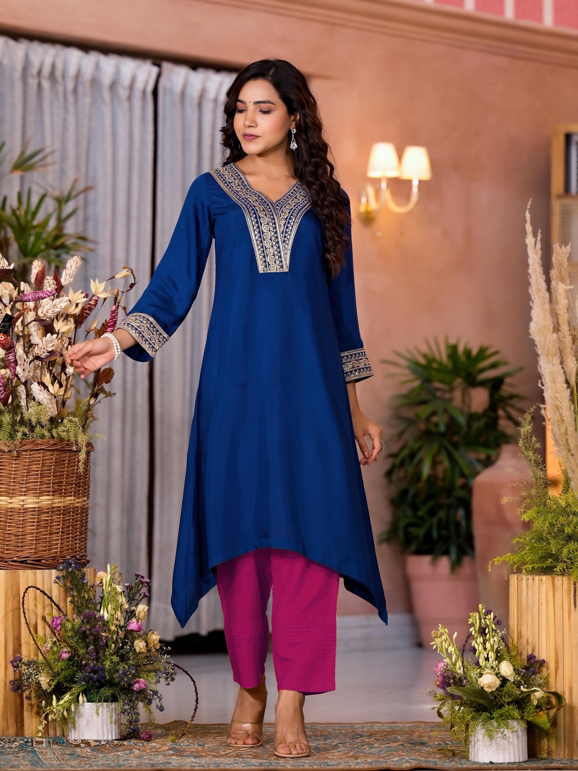 Juniper Women's Blue Viscose Rayon Embroidered Kurta Set
