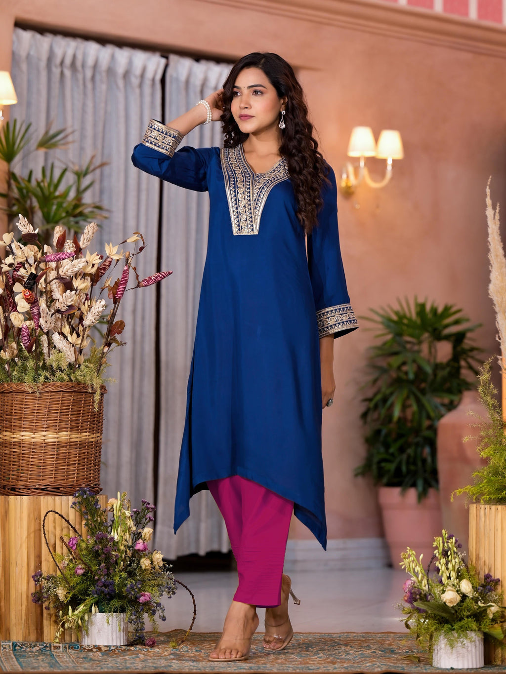 Juniper Women's Blue Viscose Rayon Embroidered Kurta Set