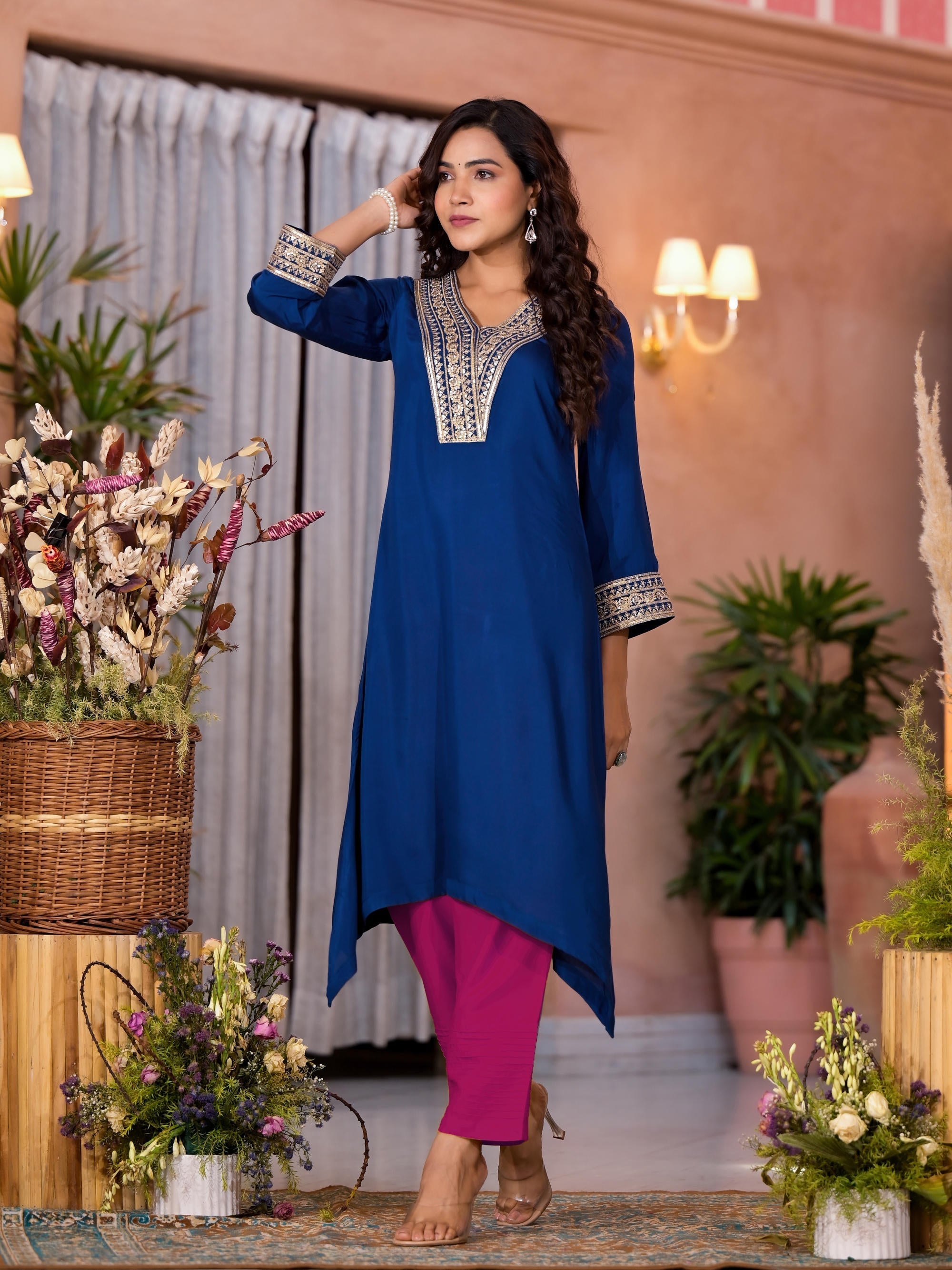 Juniper Women's Blue Viscose Rayon Embroidered Kurta Set