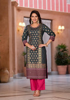 Juniper Women's Green Viscose Rayon Printed Kurta Set
