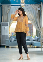 Juniper Mustard Ethnic Motif Printed Georgette Tunic With Sequins Detail