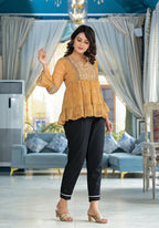 Juniper Mustard Ethnic Motif Printed Georgette Tunic With Sequins Detail