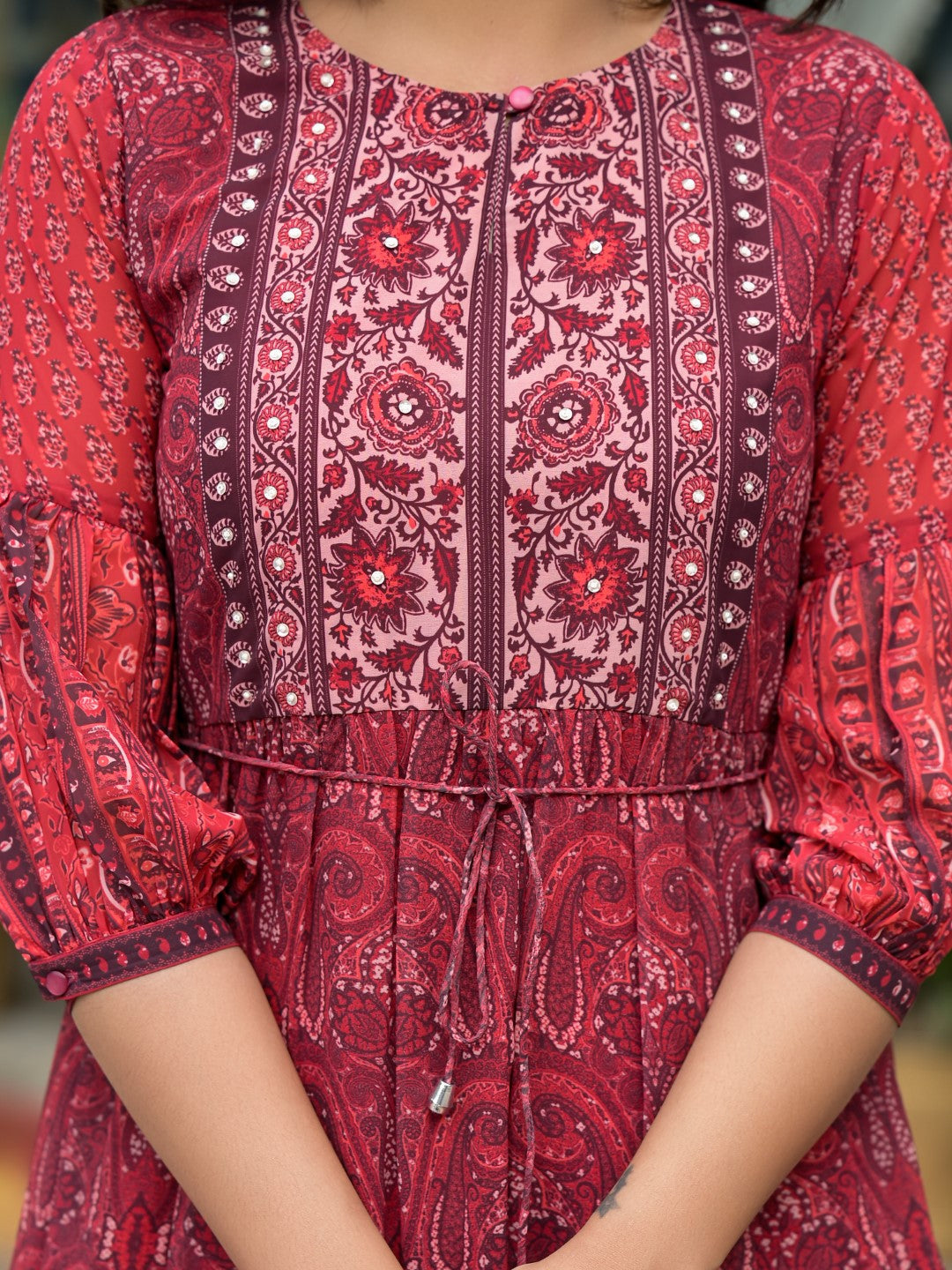 Juniper Women's Rust Ethnic Motif Printed Georgette Gathers Maxi Dress With Sequins & Doris - Distacart