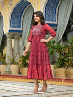 Juniper Women's Rust Ethnic Motif Printed Georgette Gathers Maxi Dress With Sequins & Doris - Distacart