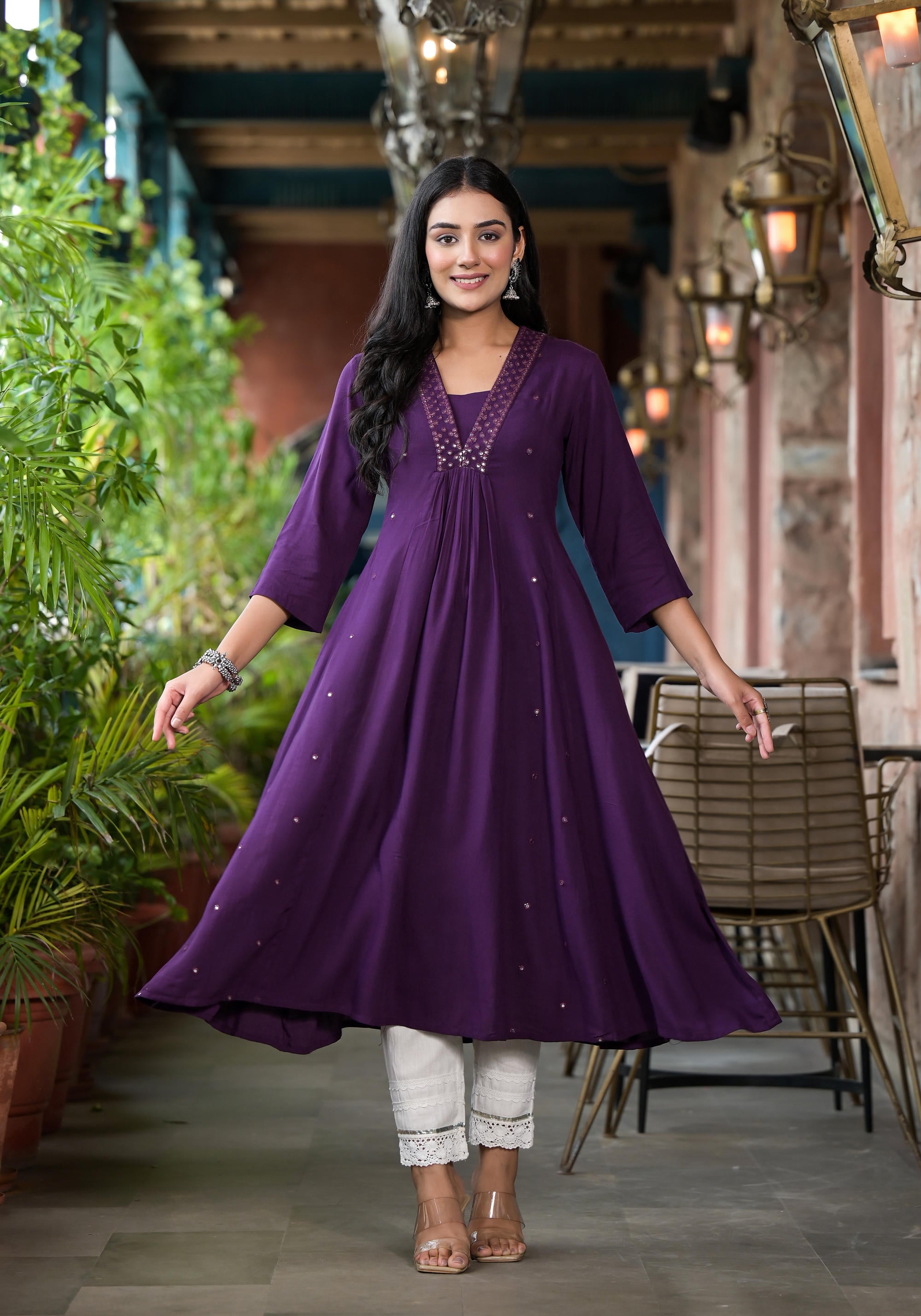 Juniper Plum Solid Liva Rayon Kurta With Mirror Work - Distacart