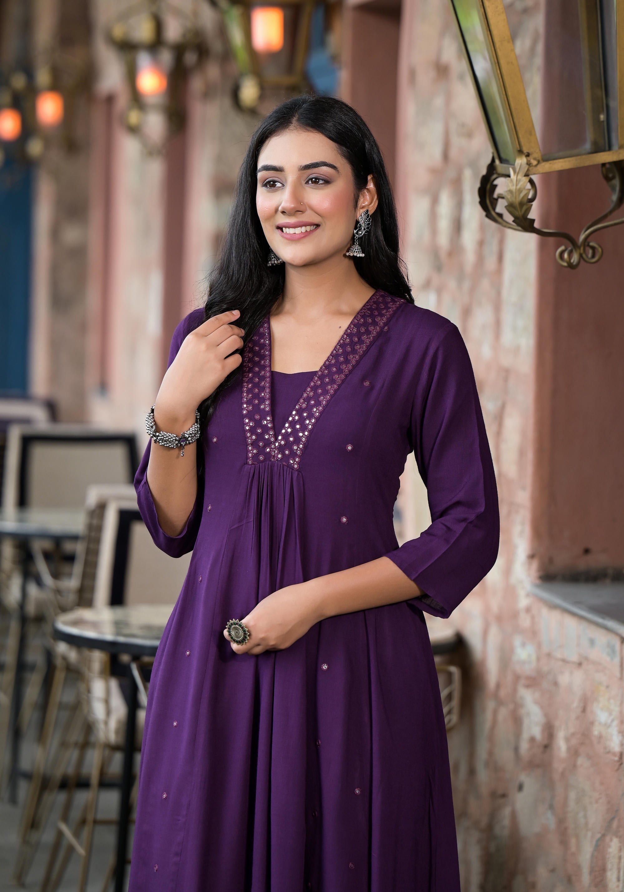Juniper Plum Solid Liva Rayon Kurta With Mirror Work - Distacart