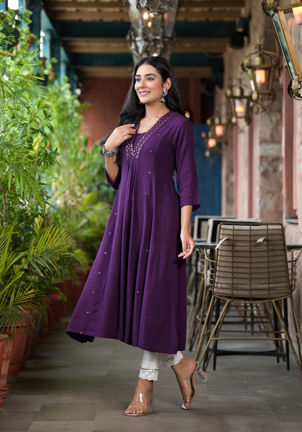 Juniper Plum Solid Liva Rayon Kurta With Mirror Work - Distacart