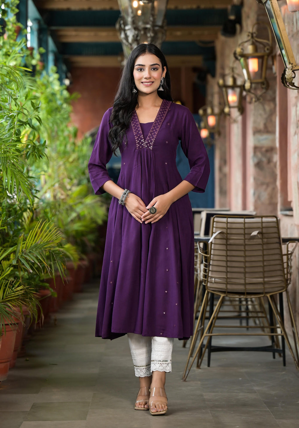 Juniper Plum Solid Liva Rayon Kurta With Mirror Work - Distacart