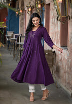 Juniper Plum Solid Liva Rayon Kurta With Mirror Work - Distacart