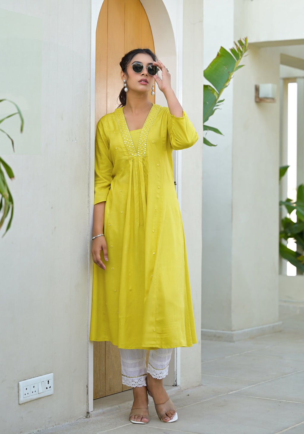 Juniper Yellow Solid Liva Rayon Kurta With Mirror Work - Distacart