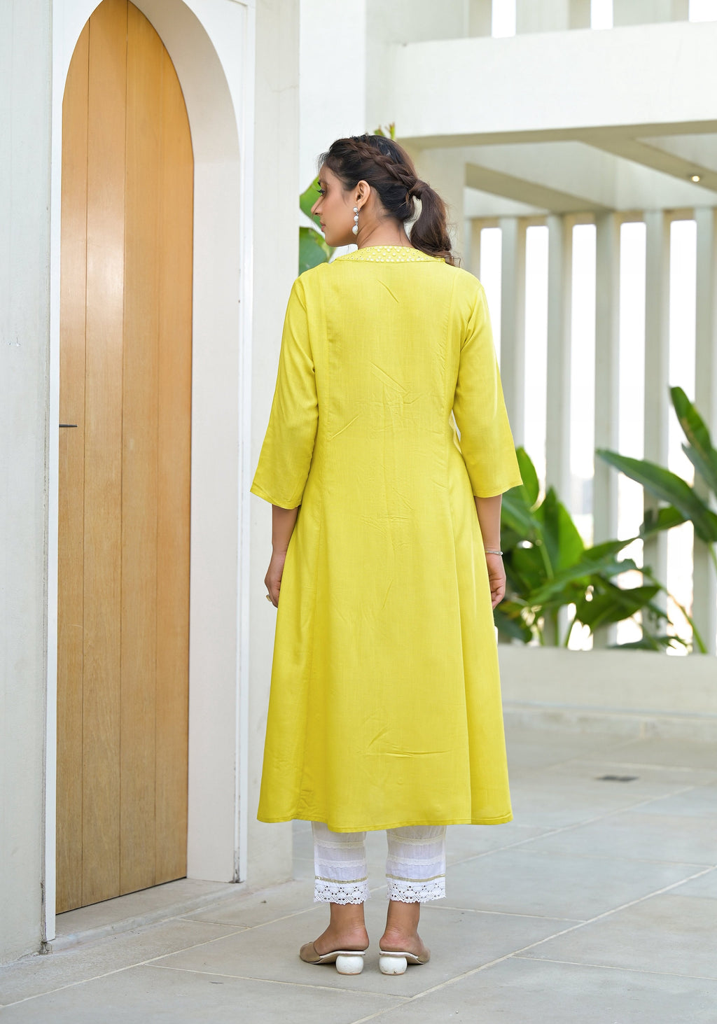 Juniper Yellow Solid Liva Rayon Kurta With Mirror Work - Distacart
