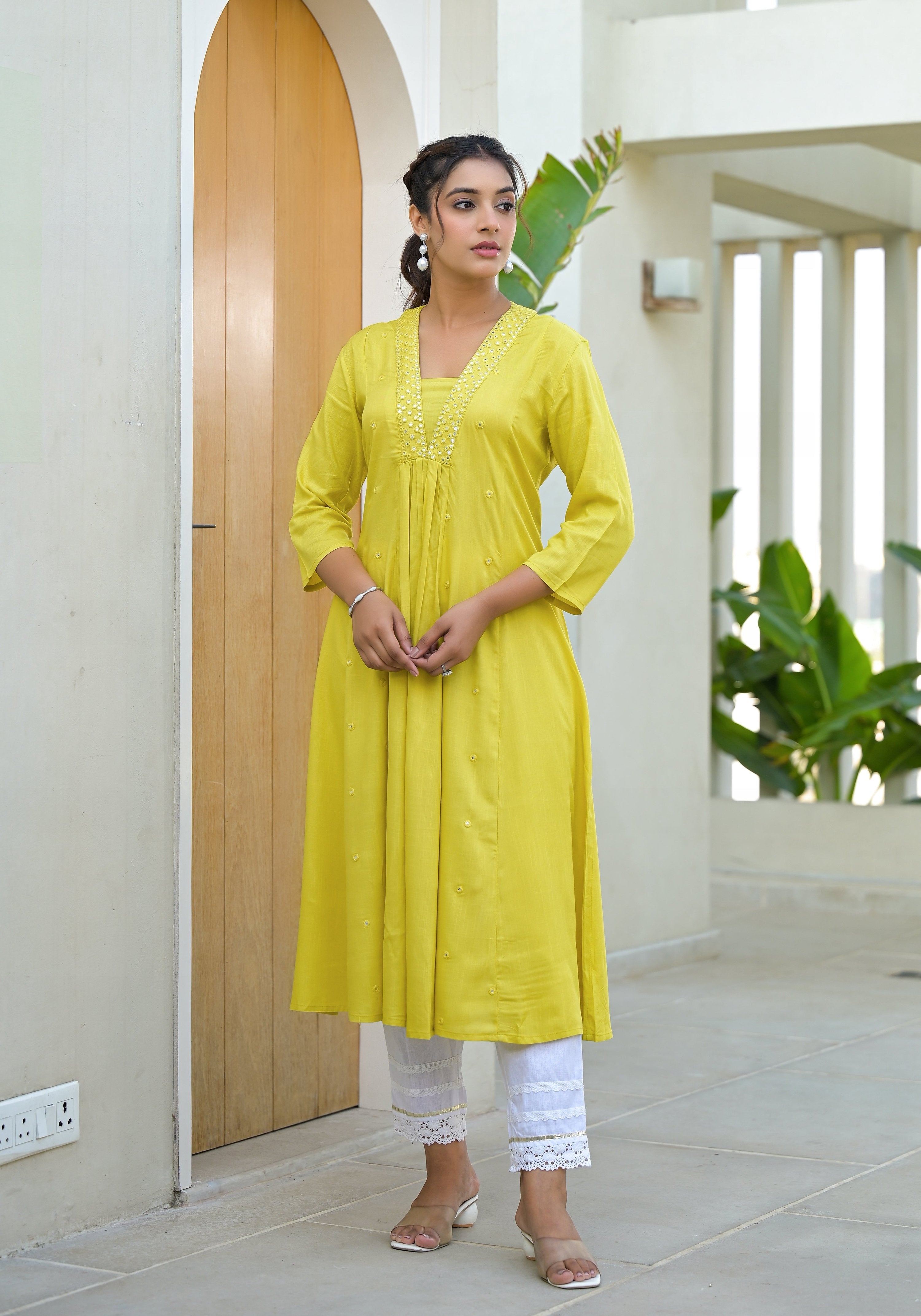 Juniper Yellow Solid Liva Rayon Kurta With Mirror Work - Distacart
