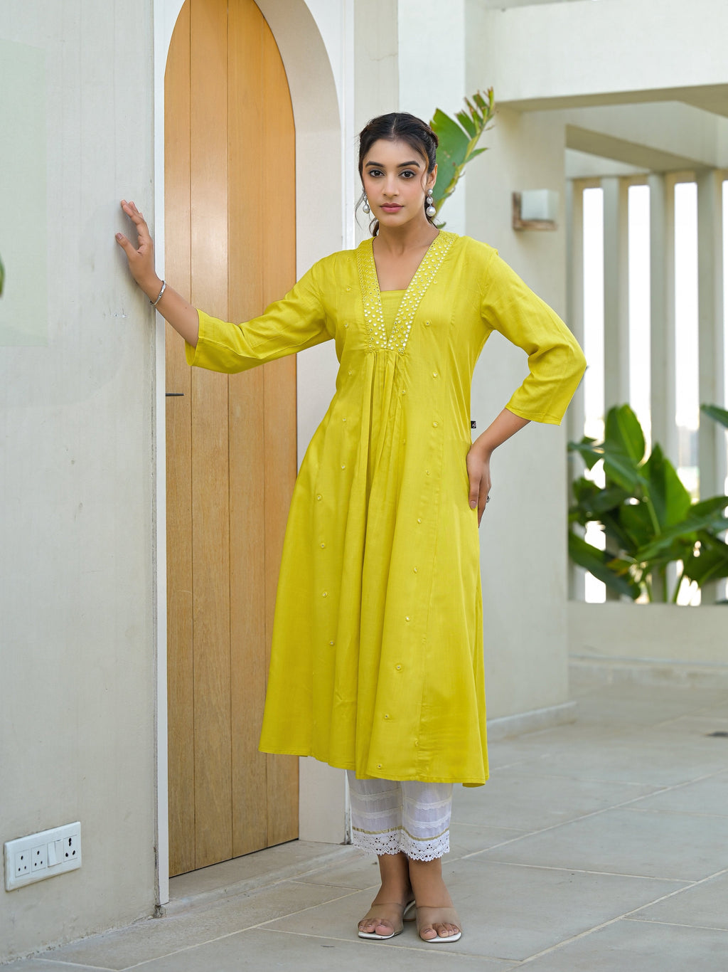 Juniper Yellow Solid Liva Rayon Kurta With Mirror Work - Distacart