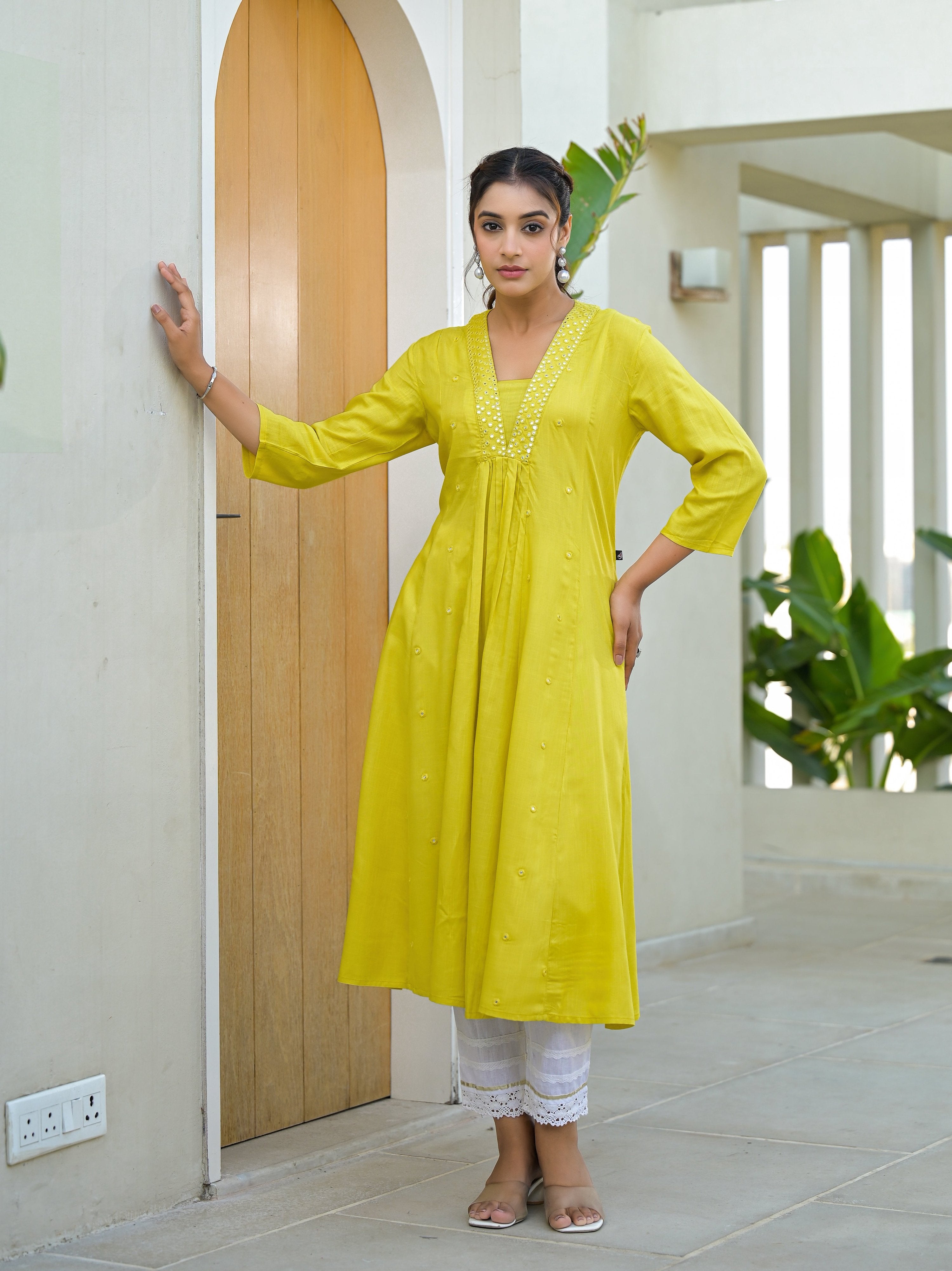 Juniper Yellow Solid Liva Rayon Kurta With Mirror Work - Distacart