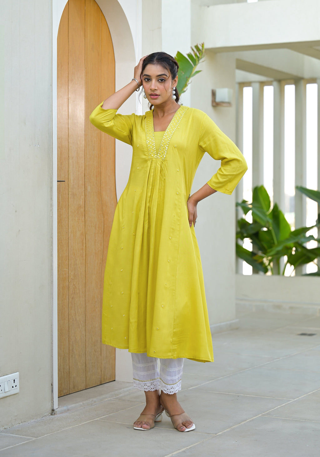 Juniper Yellow Solid Liva Rayon Kurta With Mirror Work - Distacart