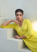 Juniper Yellow Solid Liva Rayon Kurta With Mirror Work - Distacart