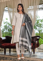 Juniper Women's Off White Geometric Printed Cotton Kurta Pant Set With Tassels On Dupatta - Distacart