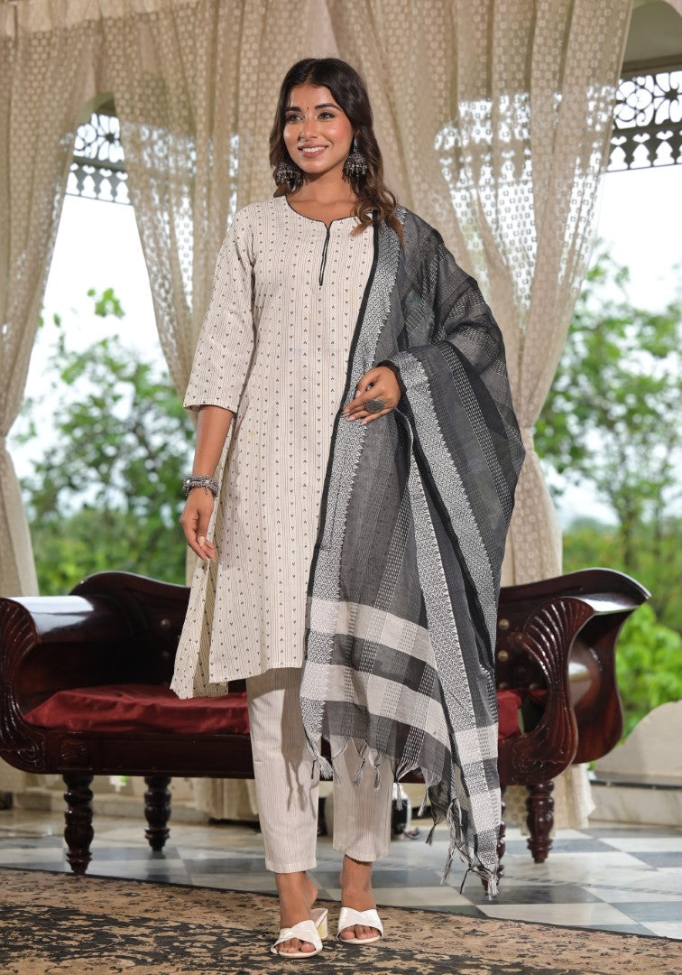 Juniper Women's Off White Geometric Printed Cotton Kurta Pant Set With Tassels On Dupatta - Distacart