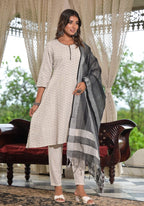 Juniper Women's Off White Geometric Printed Cotton Kurta Pant Set With Tassels On Dupatta - Distacart
