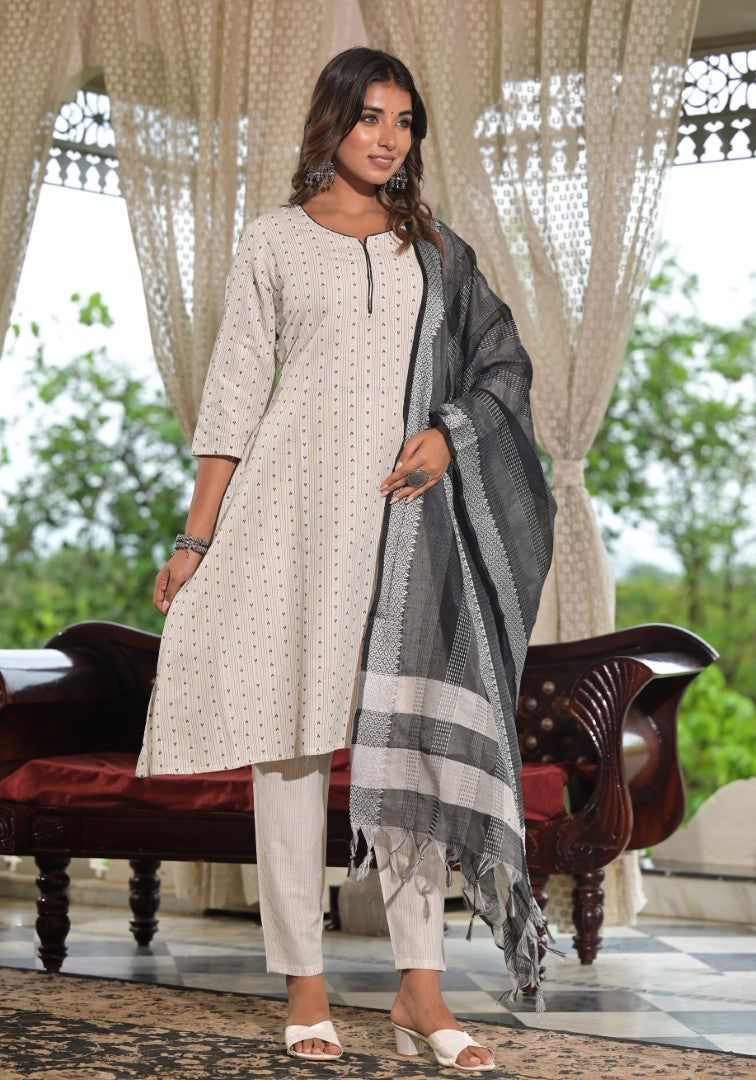 Juniper Women's Off White Geometric Printed Cotton Kurta Pant Set With Tassels On Dupatta - Distacart