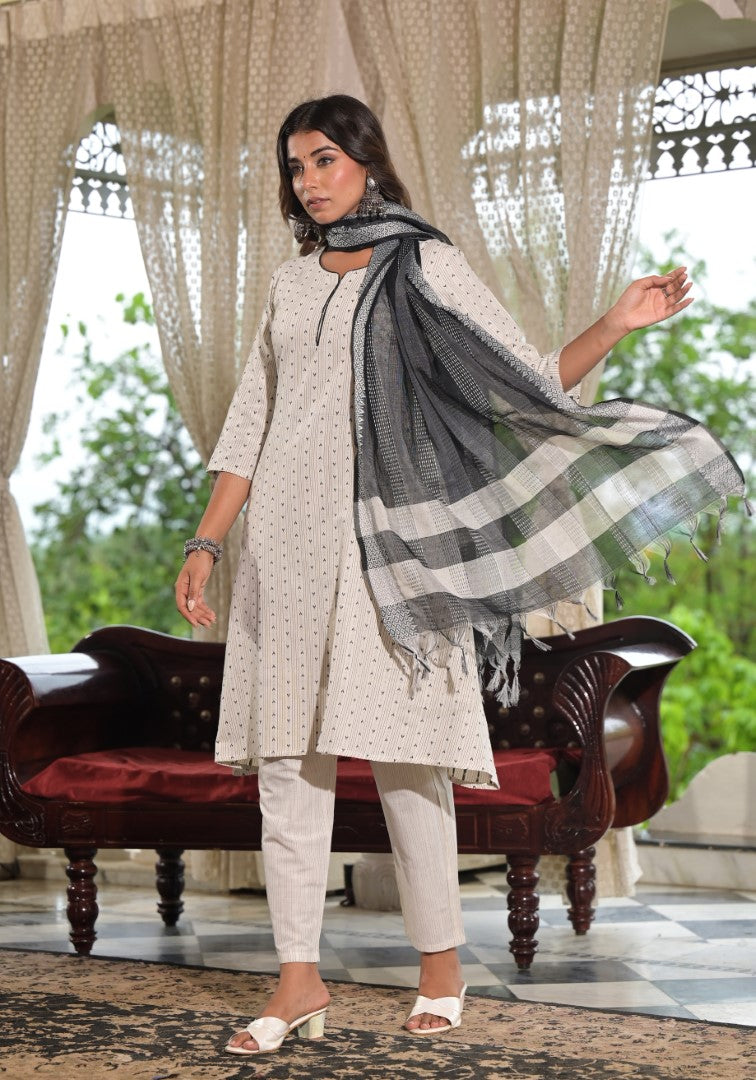 Juniper Women's Off White Geometric Printed Cotton Kurta Pant Set With Tassels On Dupatta - Distacart