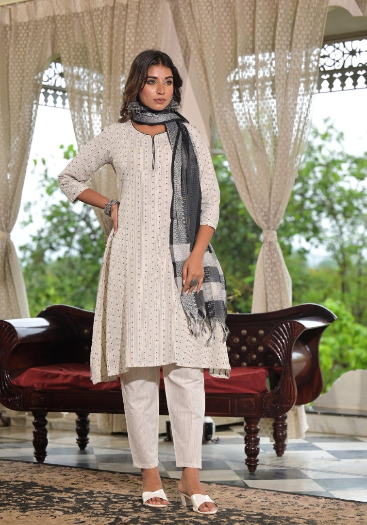 Juniper Women's Off White Geometric Printed Cotton Kurta Pant Set With Tassels On Dupatta - Distacart