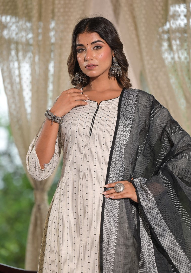 Juniper Women's Off White Geometric Printed Cotton Kurta Pant Set With Tassels On Dupatta - Distacart