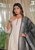 Juniper Women's Off White Geometric Printed Cotton Kurta Pant Set With Tassels On Dupatta - Distacart