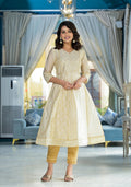 Juniper Ivory Ethnic Motif Printed Chanderi Kurta With Zari & Gota Patti Work
