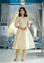 Juniper Ivory Ethnic Motif Printed Chanderi Kurta With Zari & Gota Patti Work