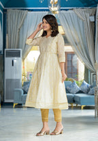 Juniper Ivory Ethnic Motif Printed Chanderi Kurta With Zari & Gota Patti Work