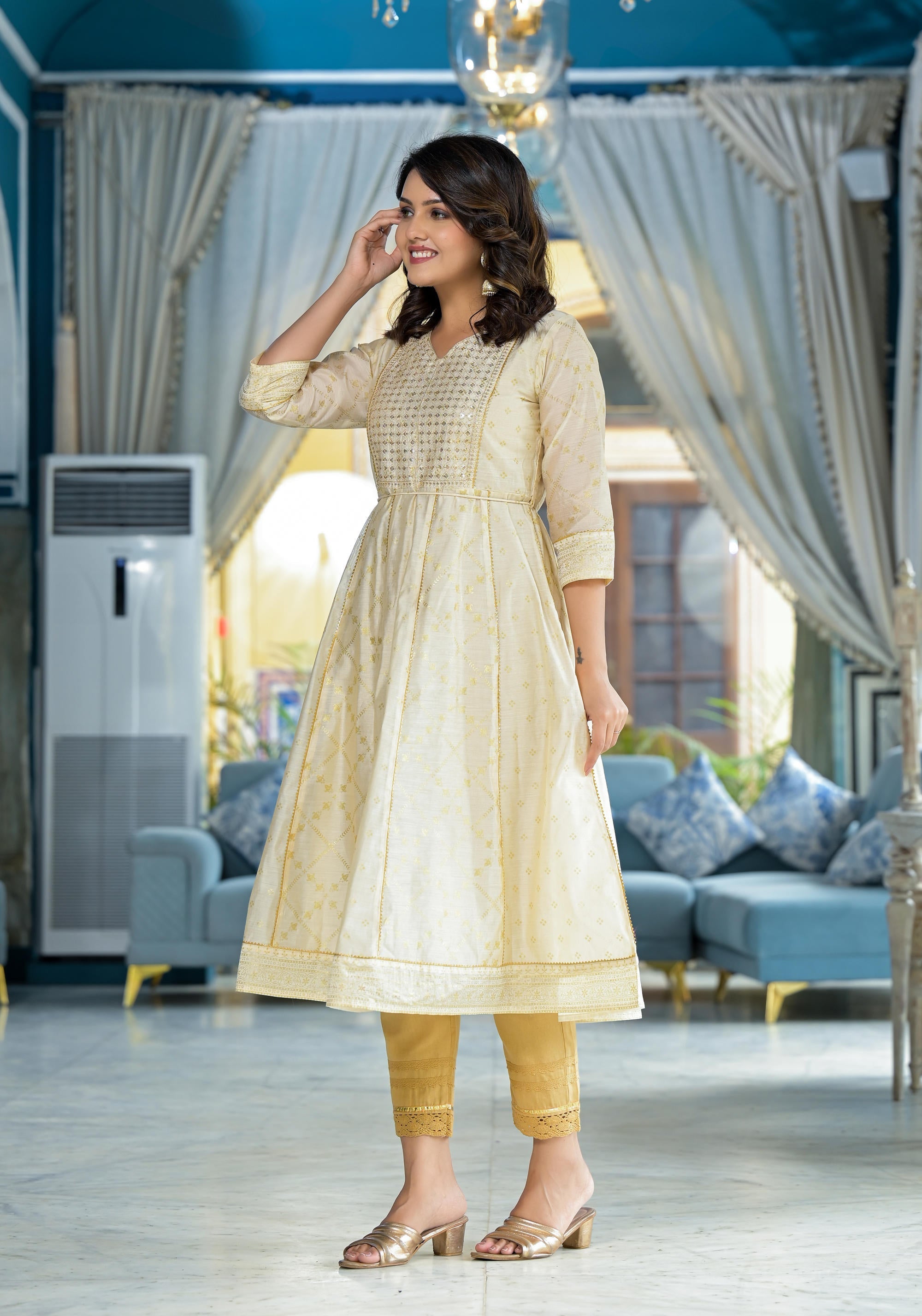Juniper Ivory Ethnic Motif Printed Chanderi Kurta With Zari & Gota Patti Work