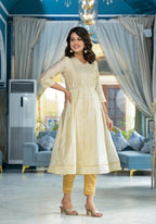 Juniper Ivory Ethnic Motif Printed Chanderi Kurta With Zari & Gota Patti Work