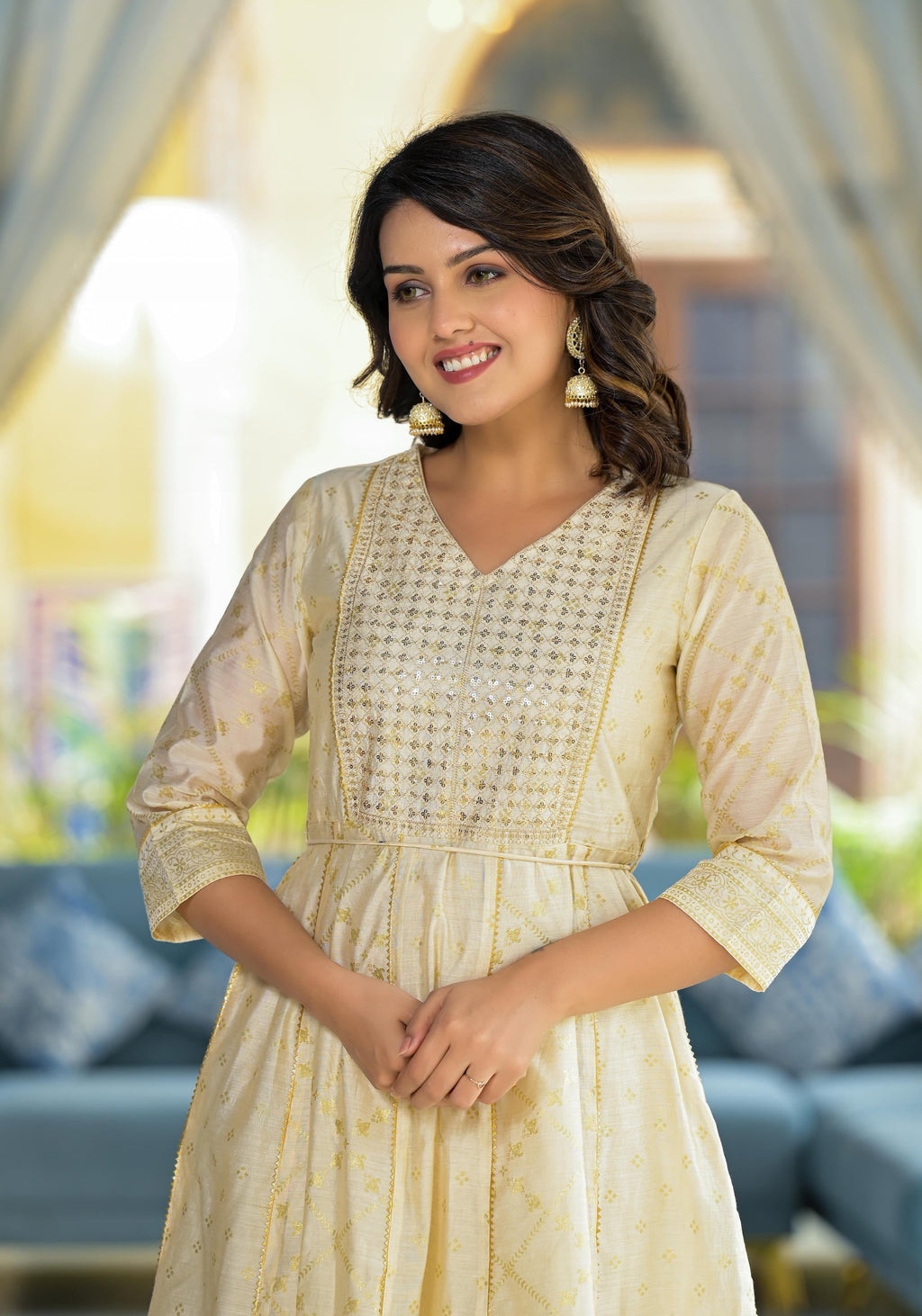 Juniper Ivory Ethnic Motif Printed Chanderi Kurta With Zari & Gota Patti Work