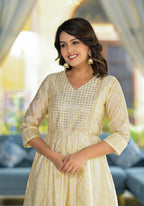 Juniper Ivory Ethnic Motif Printed Chanderi Kurta With Zari & Gota Patti Work