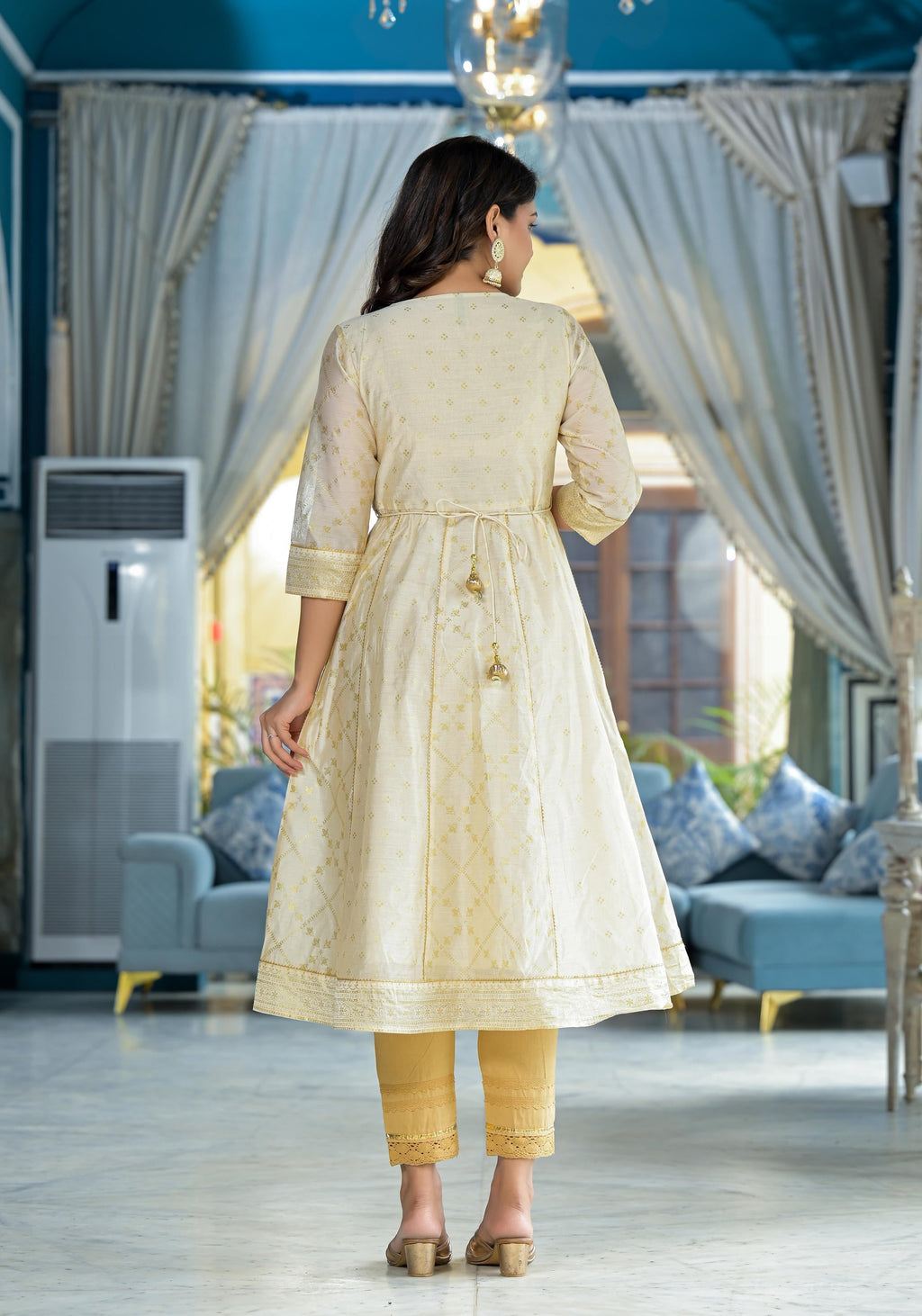 Juniper Ivory Ethnic Motif Printed Chanderi Kurta With Zari & Gota Patti Work