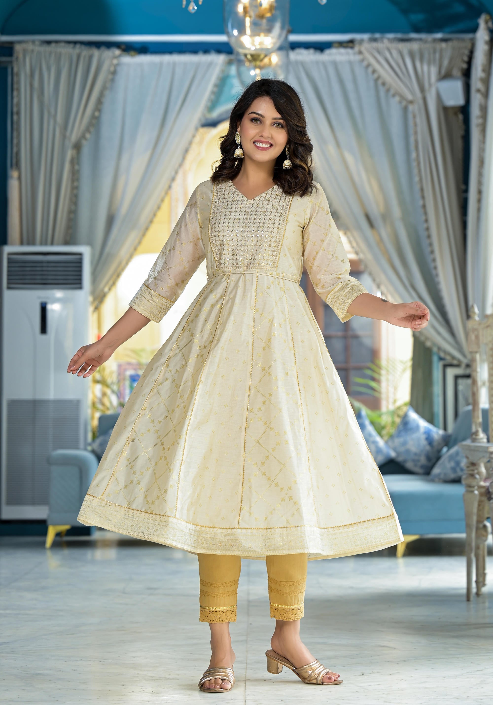 Juniper Ivory Ethnic Motif Printed Chanderi Kurta With Zari & Gota Patti Work