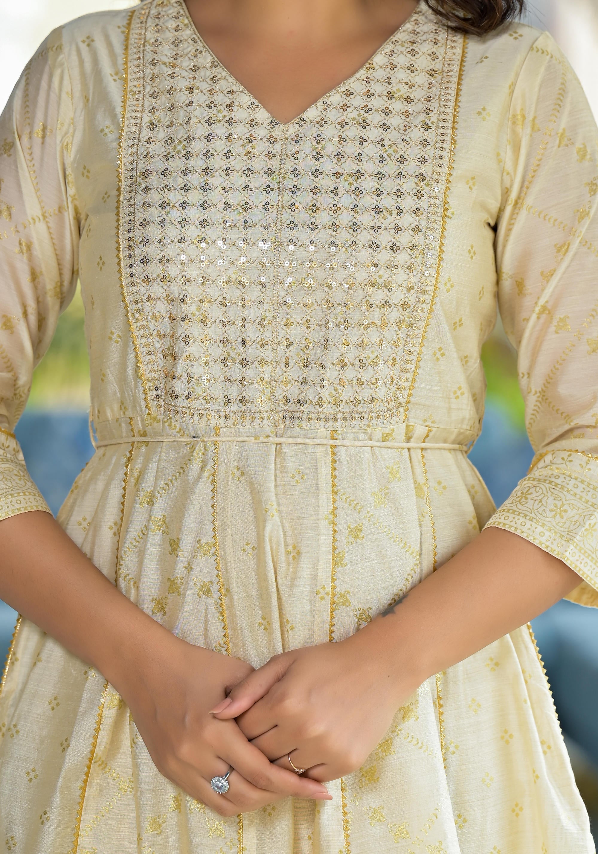 Juniper Ivory Ethnic Motif Printed Chanderi Kurta With Zari & Gota Patti Work