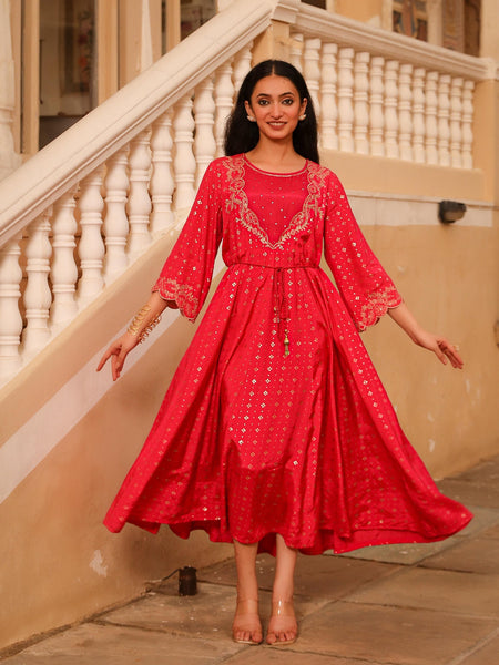Juniper The Swarn Fuchsia Ethnic Motif Printed Viscose Dress With Dori & Zari Work