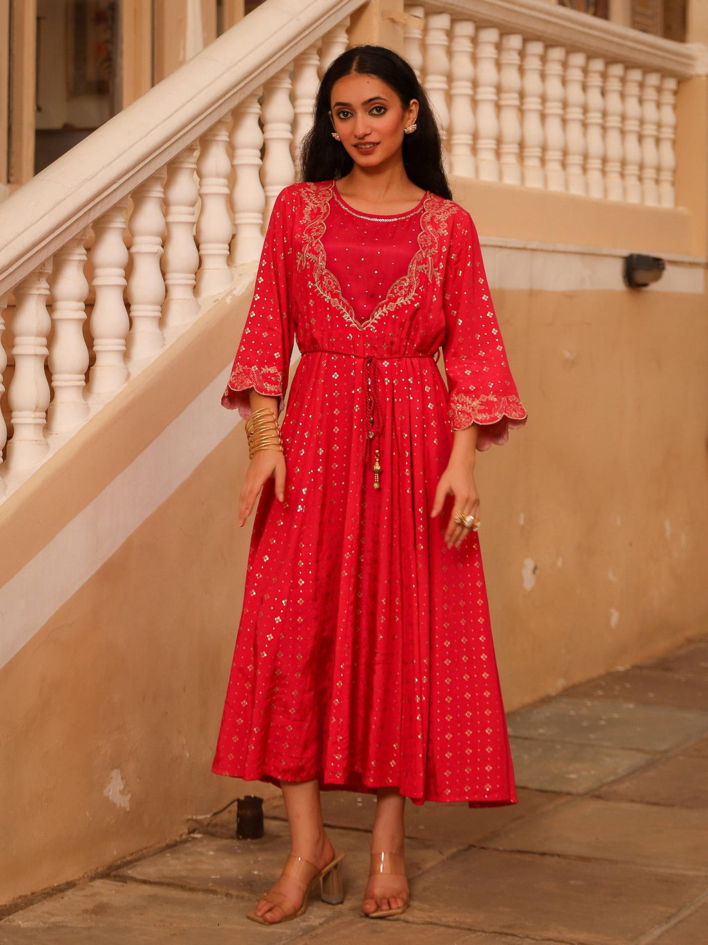 Juniper The Swarn Fuchsia Ethnic Motif Printed Viscose Dress With Dori & Zari Work - Distacart