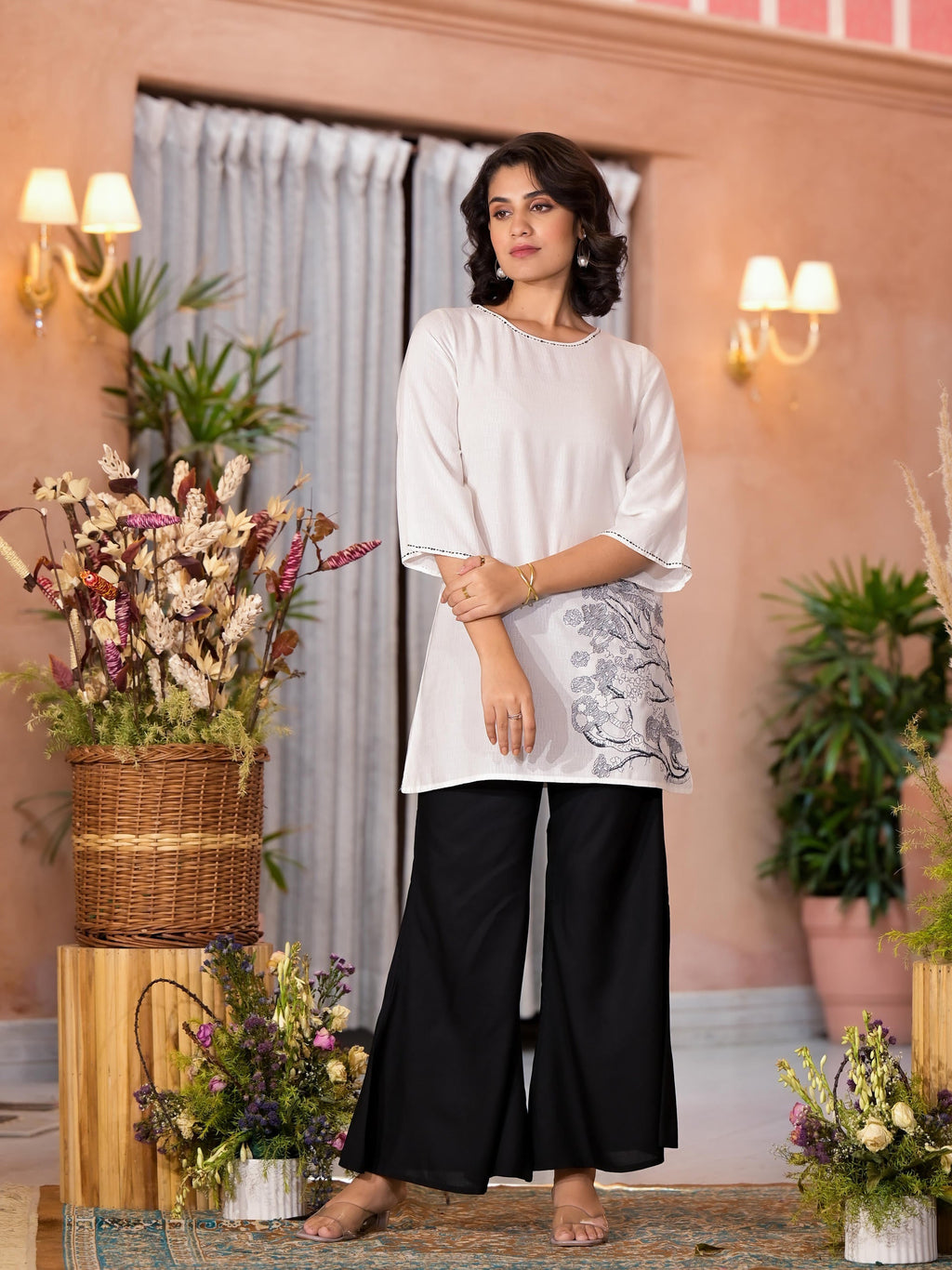 Juniper Women's White::Black Viscose Rayon Printed Palazzo Set