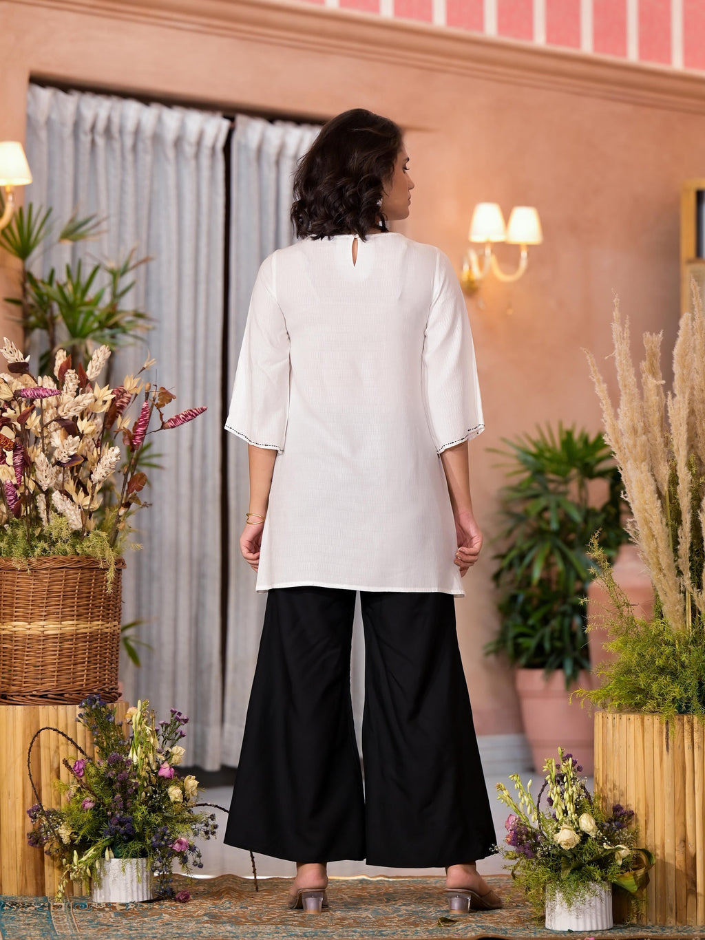 Juniper Women's White::Black Viscose Rayon Printed Palazzo Set
