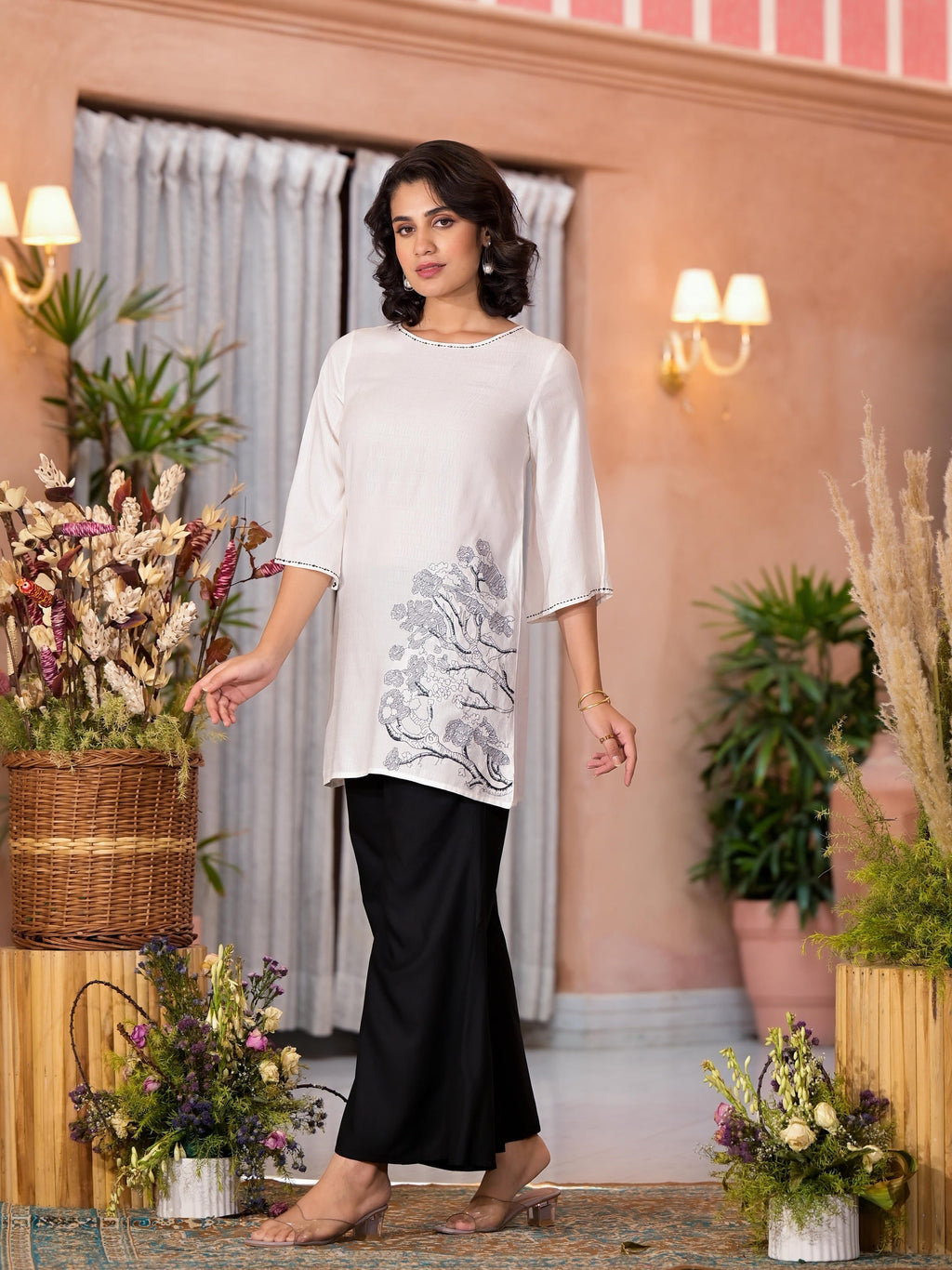 Juniper Women's White::Black Viscose Rayon Printed Palazzo Set