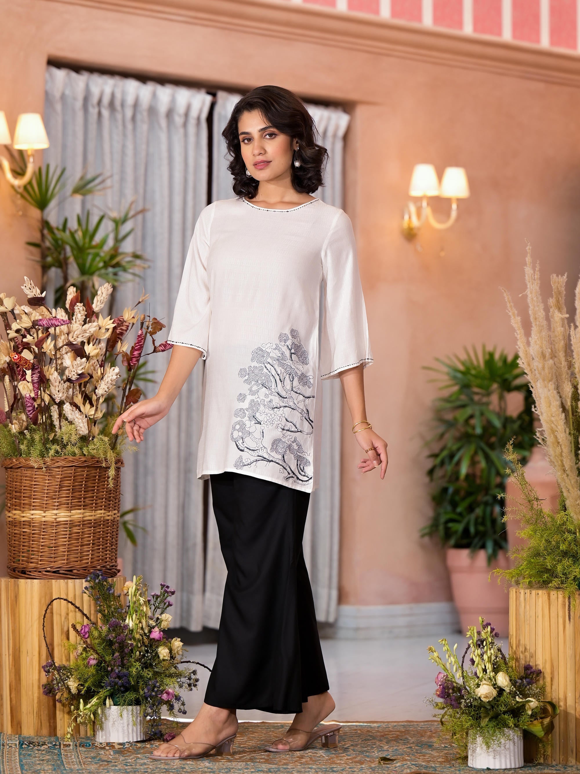 Juniper Women's White::Black Viscose Rayon Printed Palazzo Set