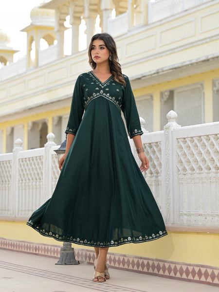 Juniper Women's Bottle Green Mirror Embroidered Liva Rayon Dress With Sequins