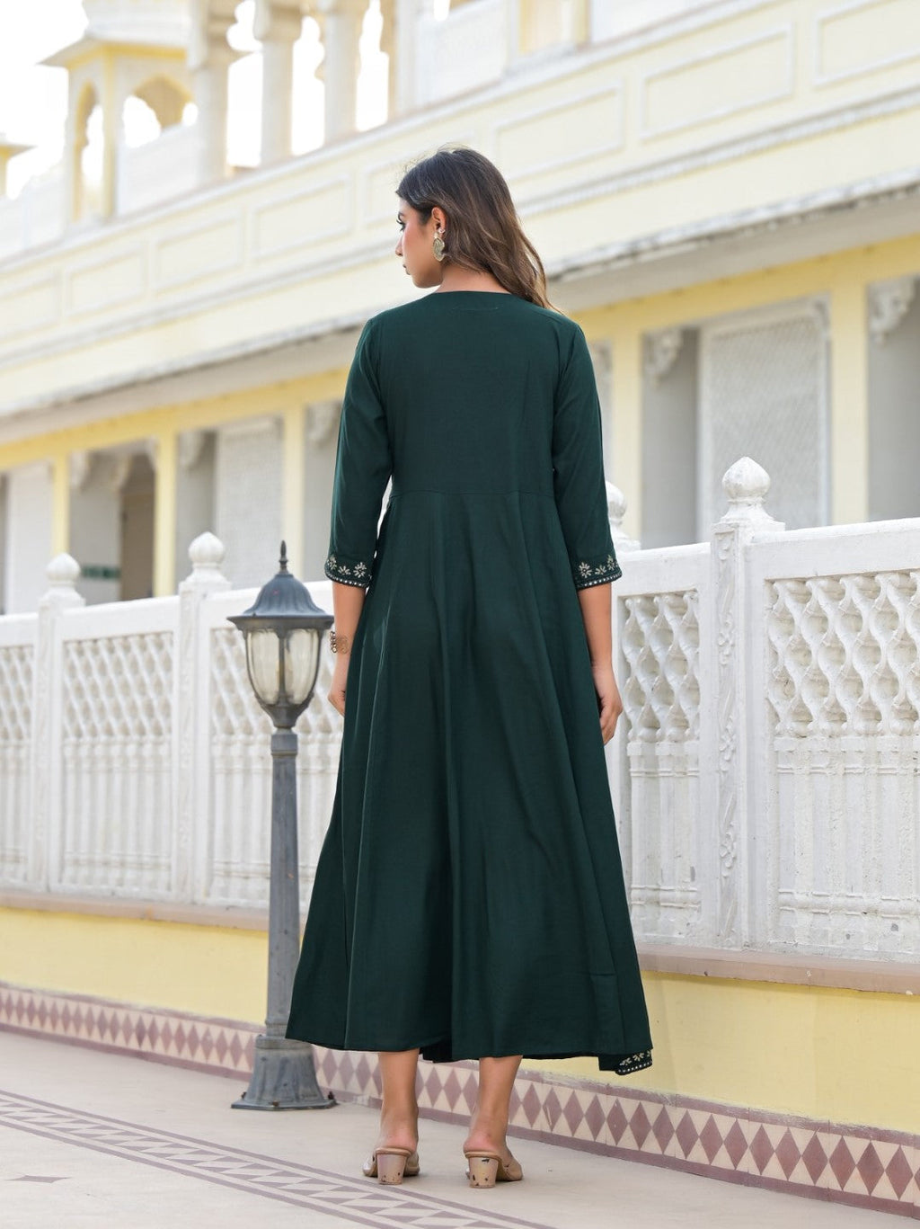 Juniper Women's Bottle Green Mirror Embroidered Liva Rayon Dress With Sequins - Distacart