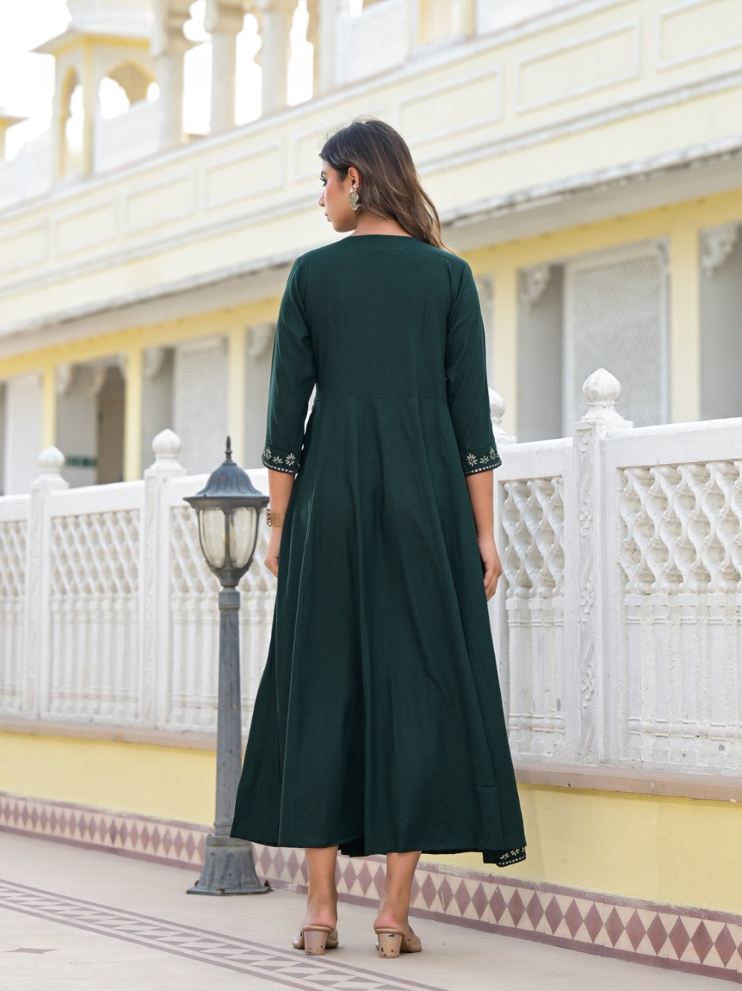 Juniper Women's Bottle Green Mirror Embroidered Liva Rayon Dress With Sequins - Distacart