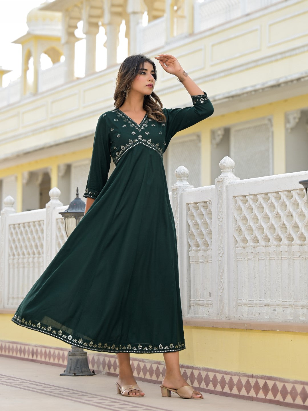 Juniper Women's Bottle Green Mirror Embroidered Liva Rayon Dress With Sequins - Distacart